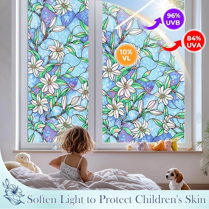Coavas Static Cling Privacy Window Film, 96% UV & Heat Blocking, Stained Glass Window Film Floral Design, Non-Adhesive, for Bathroom, Front Door, Shower Enclosure‌ (Vinyl, 35.4" X 78.7 ")