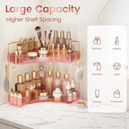 Delicate Pink 2-Tier Corner Counter Organizer with Expandable Hooks | Bathroom, Kitchen & Vanity Storage for PET Makeup, Skin