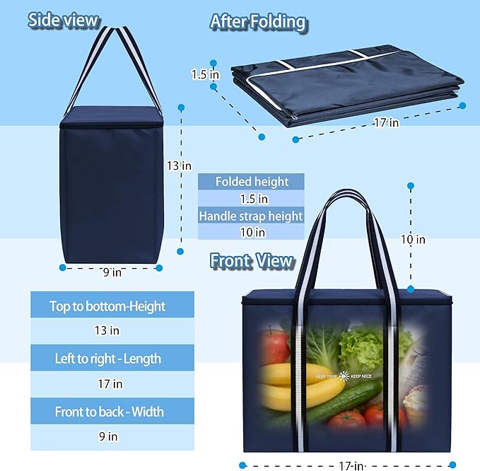 Insulated Reusable Grocery Bag - Zippered Cooler Tote Extra Large Thermal Shopping Bag for Groceries Frozen or Hot Food