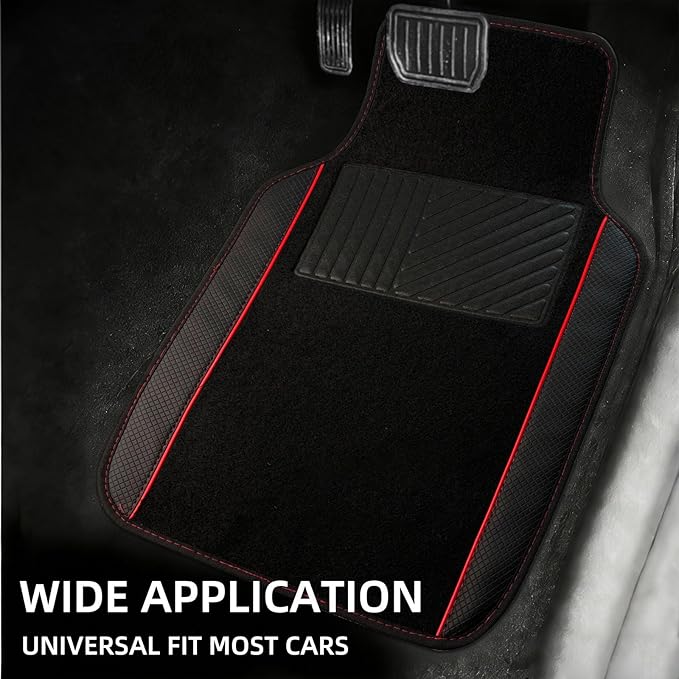 NBTEPEM Waterproof Universal Fit Car Floor Mats, Faux Leather Sporty Car Carpet Mats with Anti-Slip Nibbs Backing & Driver Heel Pad Fit for SUV, Vans, Sedans, Trucks, Set of 4 (Black with Red line)