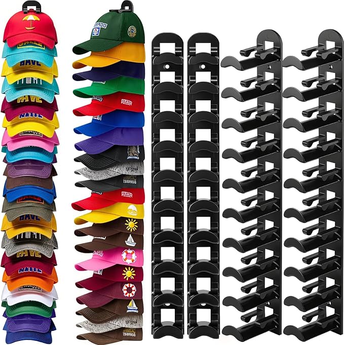 4 Pack Hat Organizer Hat Hook for Wall,Hold up to 40 Hats,Hat Holder with Strong Adhesive and Screws,Cap Holder Hat Hangers f