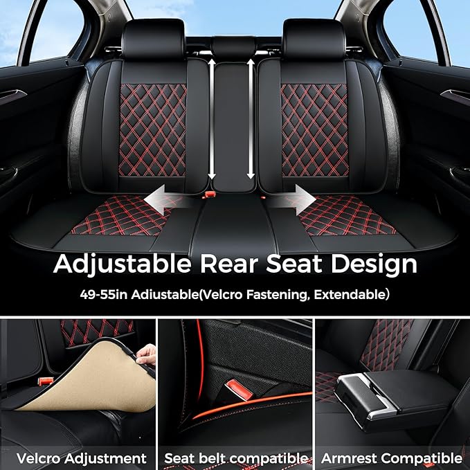 Huidasource Rear Bench Car Seat Covers, Split Back Leather Seat Cover Velcro Adjustable, Compatible with Armrests, Seat Belts