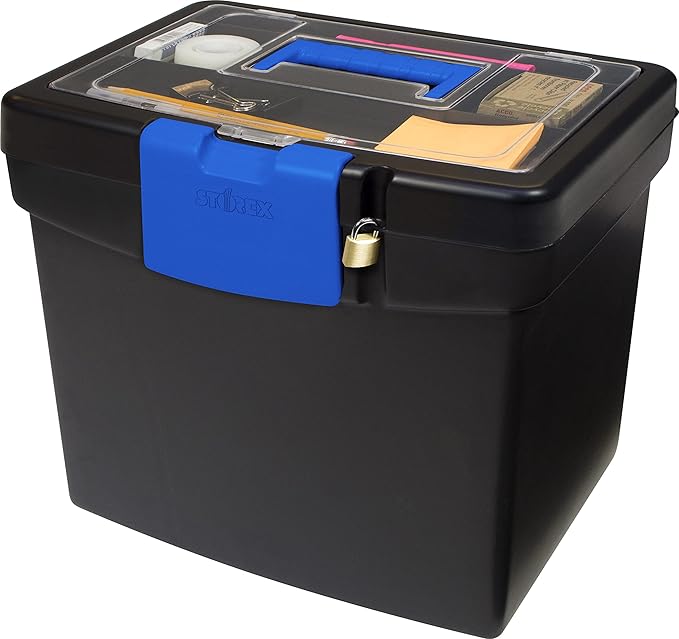 Storex Portable File Box, with Lockable XL Supply Storage Lid and Carry Handle, Black/Blue, 10.9 x 11 x 13.25 Inches, 2-Pack 