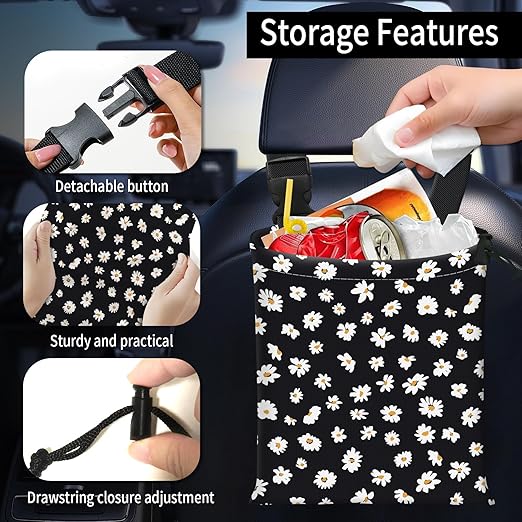 Car Trash Bag Large Hanging Can for Back of Seat, Cute Waterproof Car Garbage Bag for Vehicle, Travelling, Outdoor Cute White Black Flower