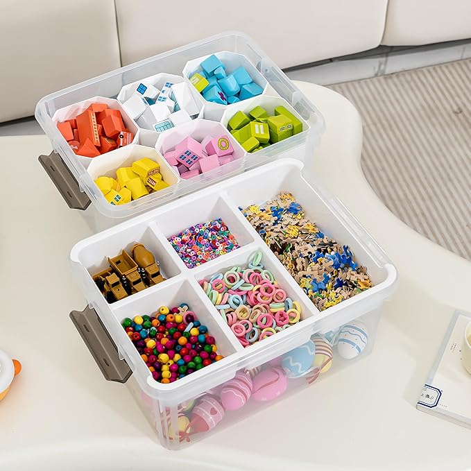 Citylife 17 QT Plastic Storage Box with Removable Tray and 6 Detachable Tall Inserts Craft Organizers and Storage Clear Stora
