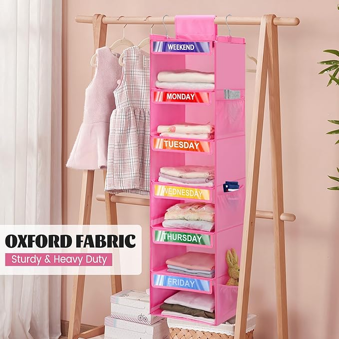 6-Shelf Weekly Clothes Organizer for Kids, Hanging Daily Closet Organization with 6 Side Pockets, Days of The Week Clothing D