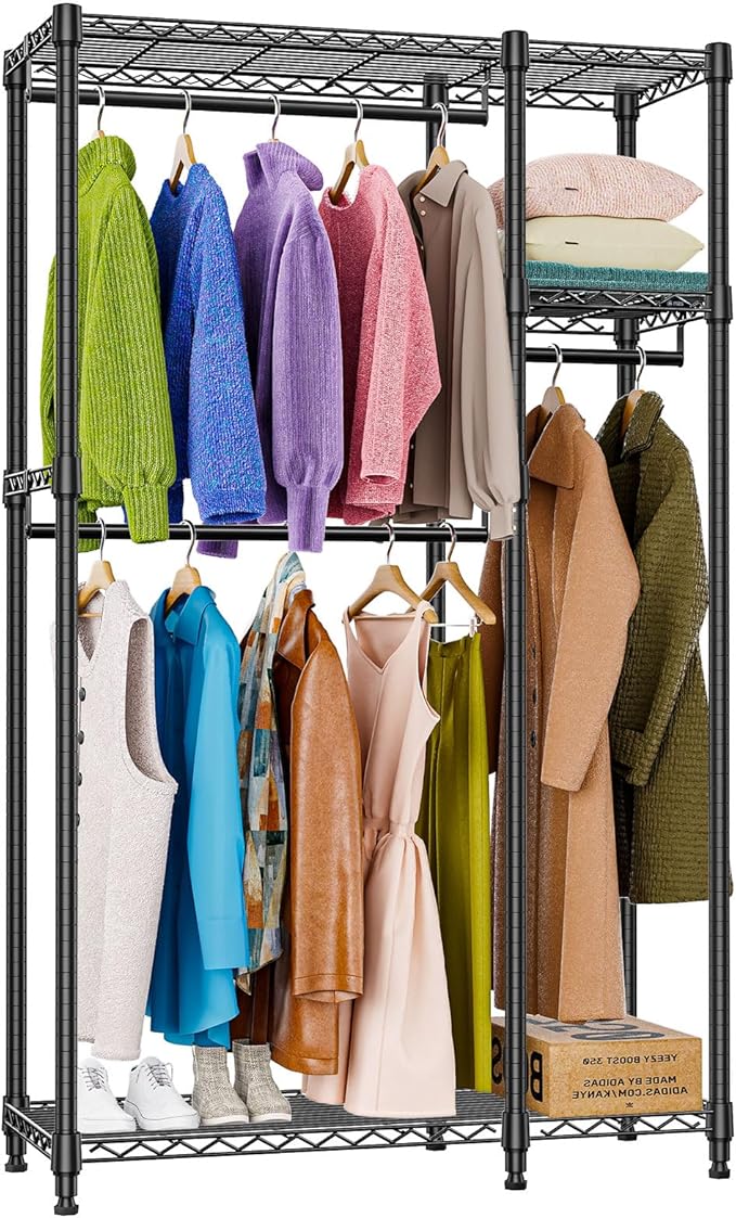 M MZG Heavy Duty Rolling Garment Rack 3 Tiers Adjustable Wire Shelving Clothes Rack with 3 Rods and Side Hooks,Storage Closet