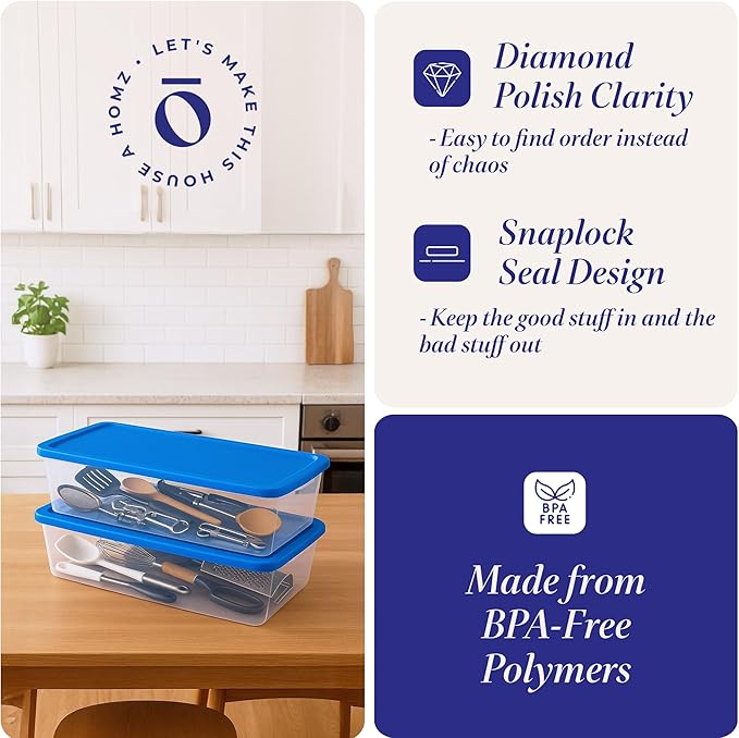 HOMZ 2-Pack Snaplock, Large Clear Plastic Storage Organizer Bins w/Lids, 41 Quart, Blue - Stackable Container Boxes for Bedro