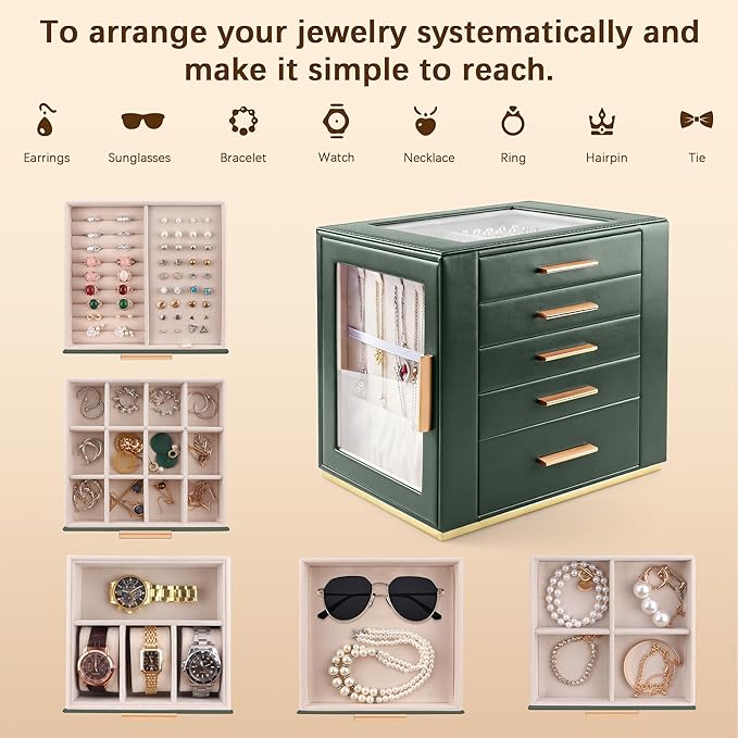 Homeanda Jewelry Box for Women with Glass Lid, 5 Drawers Jewelry Organizer and Storage for Necklaces, Rings, Earrings, Bracel