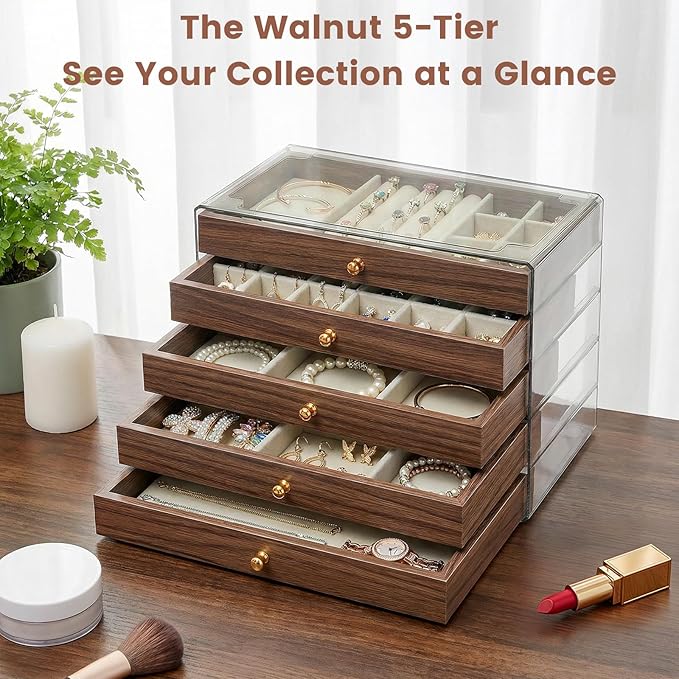 Wooden Jewelry Box for Women, 5-Layer Jewelry Organizers and Storage with 5 Drawers & Velvet Trays, Large Earring Holder, Nec