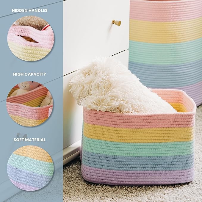 OrganiHaus Set of 3 Pastel Rainbow Baskets - Colorful Woven Storage Baskets for Playroom, Nursery & Classroom Decor, Toy Stor