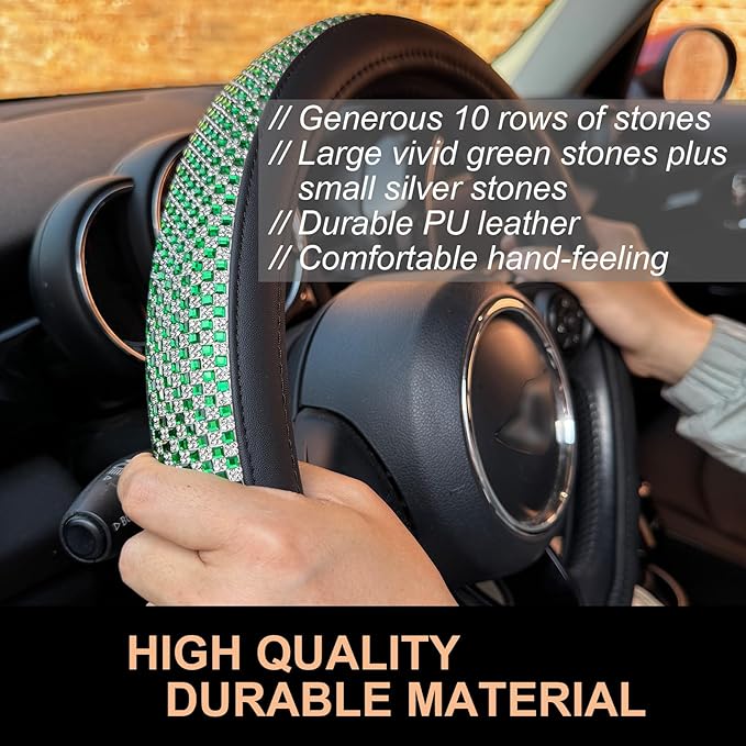 PINCTROT Large Size Bling Comfy Steering Wheel Cover with Jumbo Crystal Rhinestones, Anti-Slip Diamond Leather, 15.5-15.75 Inch (Vivid Green)