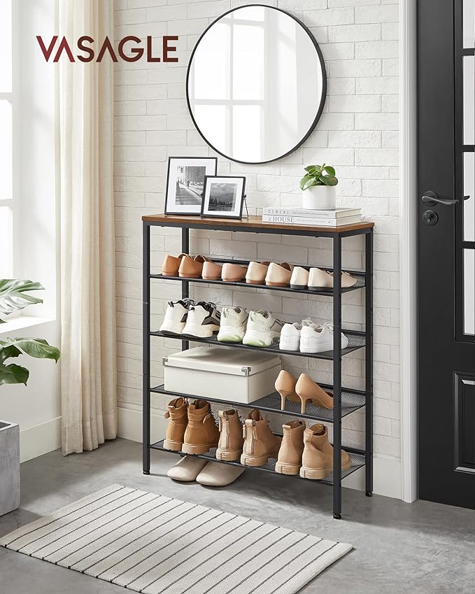 VASAGLE Shoe Rack for Entryway, 5-Tier Shoe Rack Organizer with Storage Shelves and Spacious Top, Freestanding, Adjustable, I