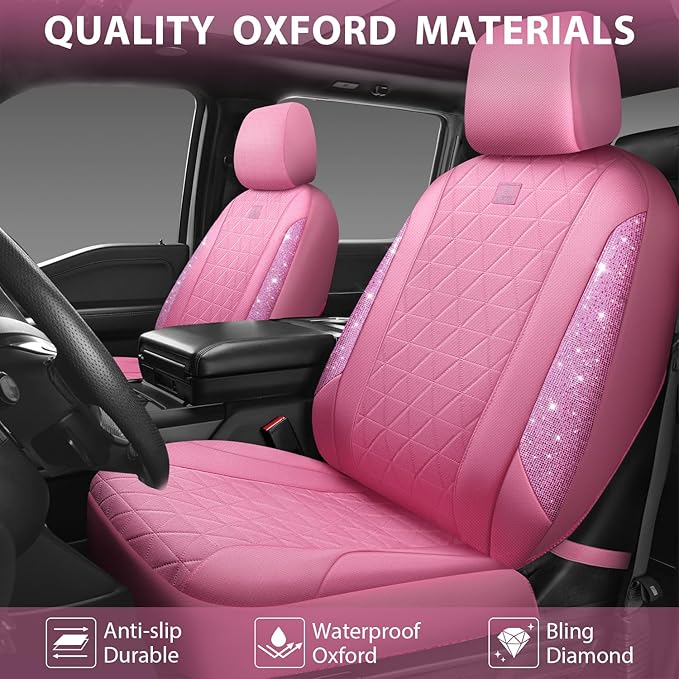 CAR PASS Pink Oxford Bling Diamond Car Seat Covers Full Set Interior Sets, Waterproof Shining Glitter Sparkly Crystal Univers