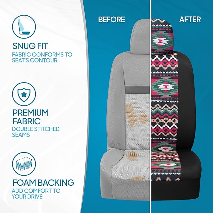 BDK Pink Inca Car Seat Covers for Front Seats, 2 Pack– Geometric Print Front Seat Cover Set with Matching Headrest, Sideless 