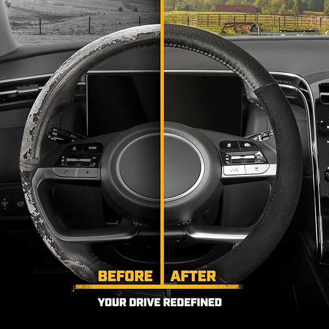 Cat® Steering Wheel Cover - Suede/PU Leather Black/Gray w/Chrome Logo, Durable & Comfortable with Advanced Grip, Car Steering Wheel Cover for Auto Truck Van SUV - Standard 14.5" - 15 Inches