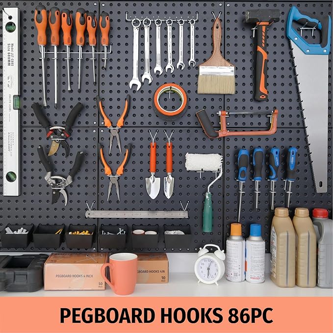 HUHOLE 86 Piece Pegboard Hooks Assortment Kit with Pegboard Bins Garage Tool Organizer Set Fits 1/8 and 1/4 Inch Peg Board Ac