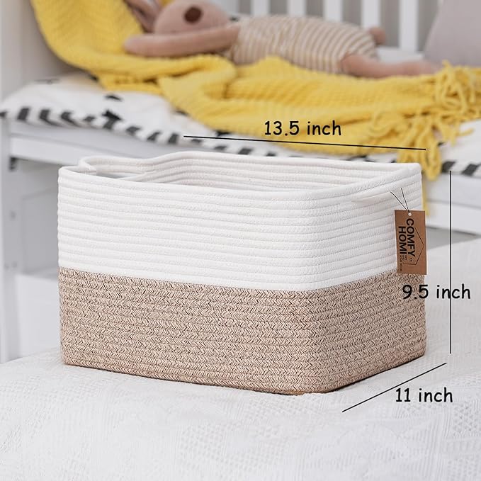 COMFY-HOMI 3-Pack Cotton Rope Woven Basket with Handles for Shelves, Books, Toys, Cloth Storage|Towel Storage|Nursery Baby Ba