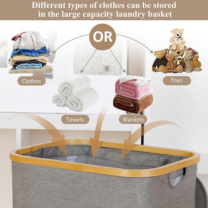 iEGrow Laundry Hamper with Lid, 110L Large Laundry Hamper with Handle and Lid, Collapsible Clothes Basket Organizer with Remo