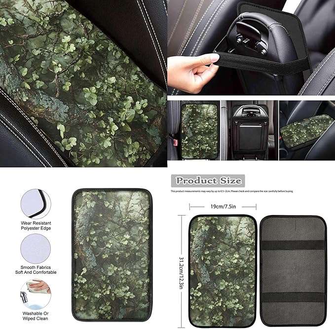 Green Camo Hunting 13 Piece Car Seat Cover Set with Steering Wheel Cover Seatbelt Strap Pad Armrest Pad Cup Coasters Key Chain Automobile Interior Sets Fit for Van Truck SUV Sedan
