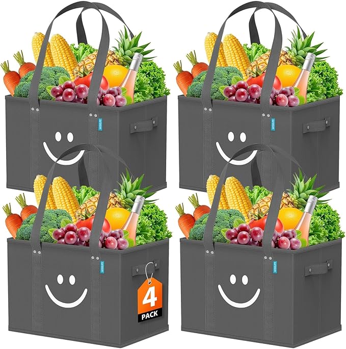 WISELIFE Reusable Grocery Bags 4 Pack - Collapsible Tote Shopping Bags with Sturdy Handles & Bottom to Stands Upright, Grey