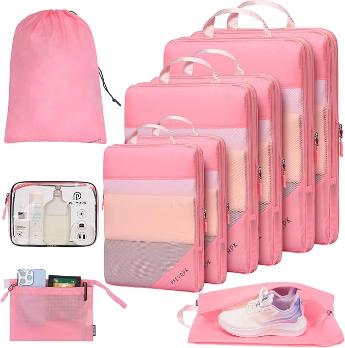 PFEYRPK Lightweight Compression Packing Cubes for Suitcases, Compressible Expandable Travel Packing Organizer with Clear Toil