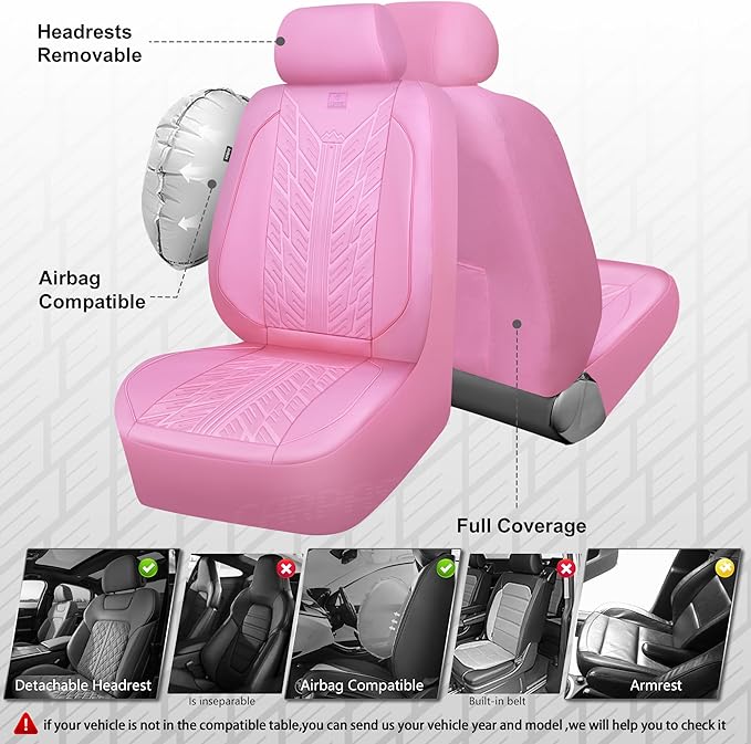 CAR PASS Waterproof Car Seat Covers Full Set,Neoprene Car Seat Covers 5 Seats,3D Tyre Embossed Pink Seat Covers All-Weather N