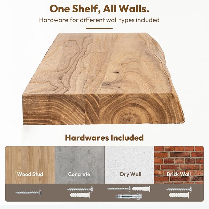 Vivelove Live Edge Floating Shelves 24 inch, Elm Wood Shelf, Rustic Farmhouse Wall Shelf with Invisible Bracket for Living Ro