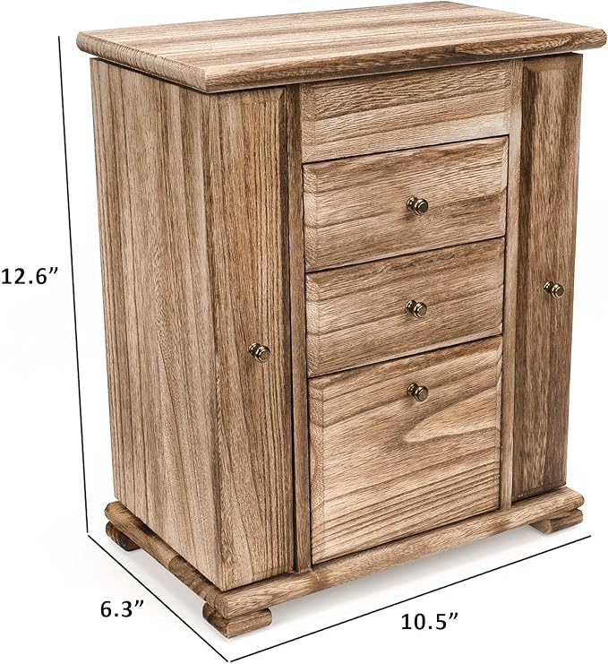 Emfogo Jewelry Box for Women, Rustic Wooden Jewelry Boxes & Organizers with Mirror, 4 Layer Jewelry Organizer Box Display for