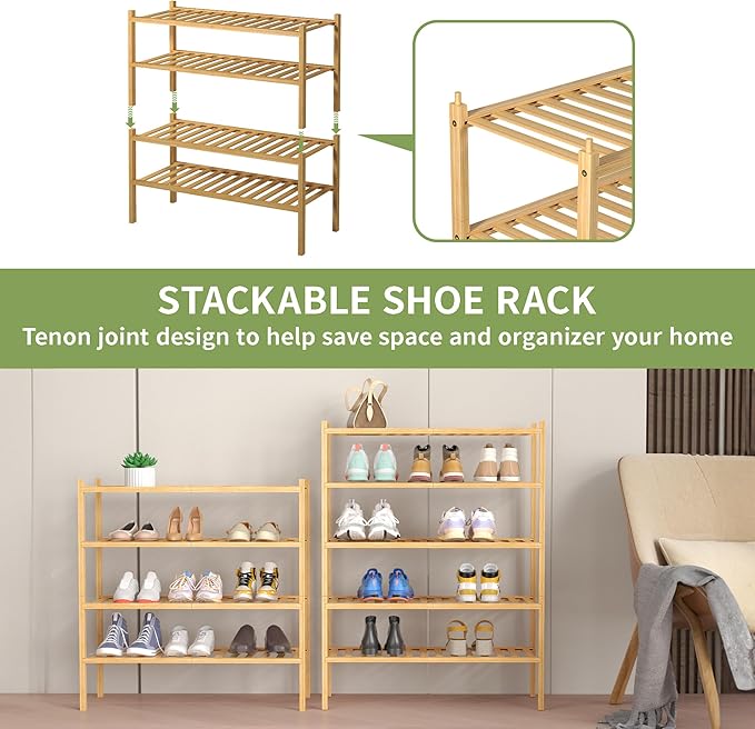ROMGUAR CRAFT 4 Tier Bamboo Shoe Rack for Closet Free Standing Wood Shoe Shelf for Entryway Small Space Stackable 27"x11"x26"