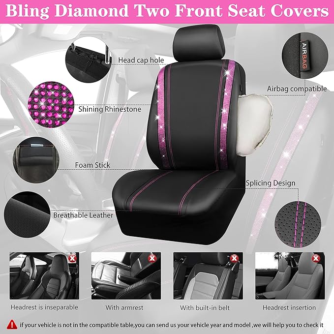 CAR PASS Bling Rhinestone Car Seat Covers Leather Shining Diamond Car Floor Mats Carpet with Anti-Slip Nibs Bling Diamonds Ca