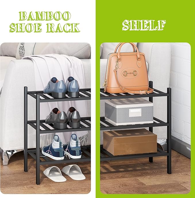 BMOSU 3-Tier Bamboo Shoe Rack Premium Stackable Shoe Shelf Storage Organizer for Hallway Closet Living Room Entryway Organize