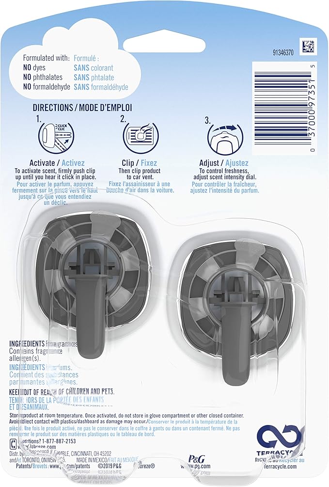 Febreze Car Odor-Eliminating Air Freshener Vent Clip with Gain Scent, Moonlight Breeze, 2 count