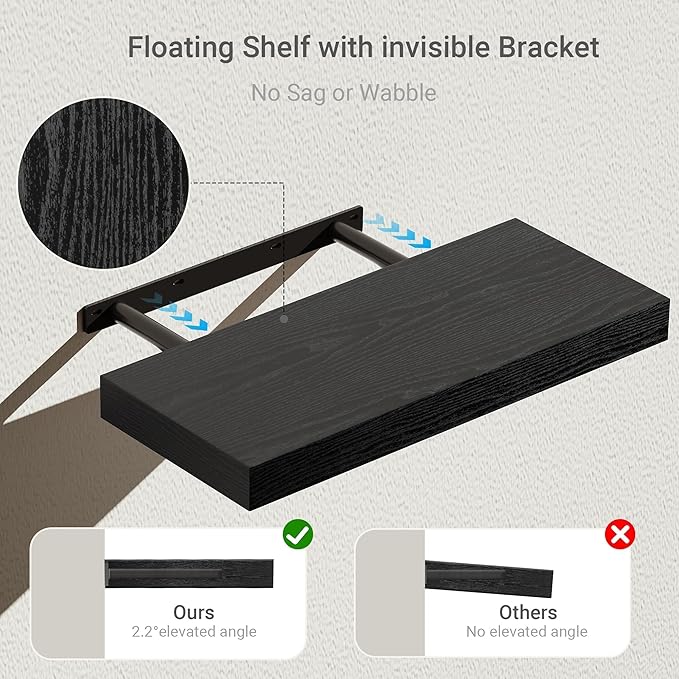 Vivelove Black Bathroom Shelves Over Toilet, 16" Floating Shelves, Wall Shelf for Bathroom Bedroom, Living Room, Kitchen, Off