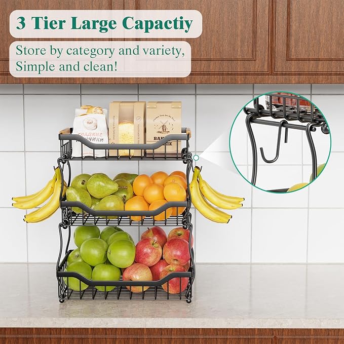 Giwil 3 Tier Countertop Fruit Basket for Kitchen, Vegetable Storage Bread Fruit Bowl Stand with 2 Banana Hooks, Wall Mounted 