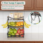 Giwil 3 Tier Countertop Fruit Basket for Kitchen, Vegetable Storage Bread Fruit Bowl Stand with 2 Banana Hooks, Wall Mounted 