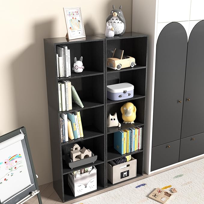 Wooden 5 Cube Storage Organizer, Black 5 Tier Bookcase Bookshelf Freestanding Storage Display Organizer, Versatile Cubes Open