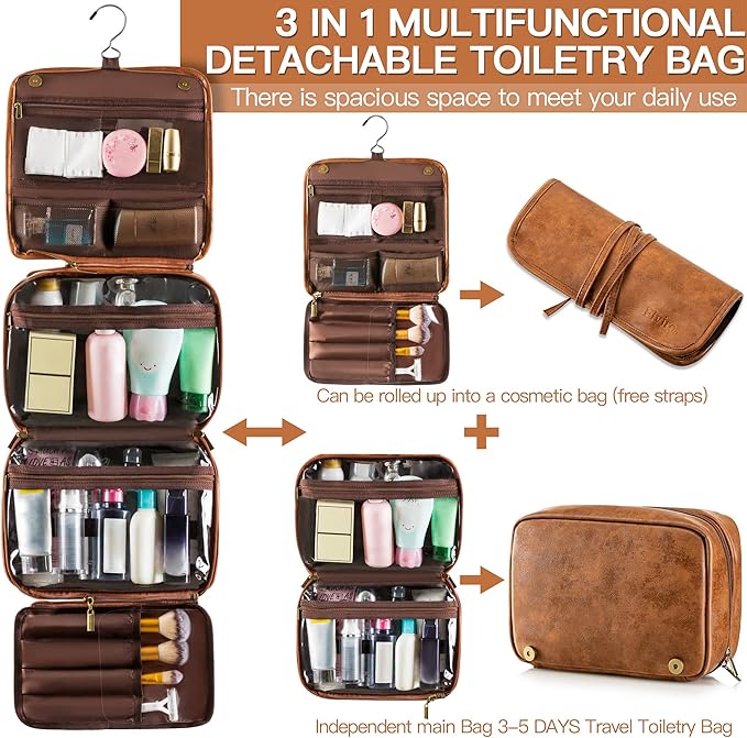 Elviros Hanging Toiletry Bag for Men Travel Essentials 3-in-1 Large Waterproof Dopp Kit PU Leather Shaving Bag with Separate 