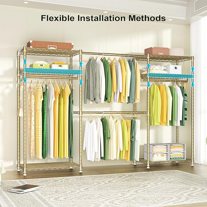 Ulif E1 Heavy Duty Closet Garment Rack, 6 Tiers Adjustable Metal Freestanding Expandable Clothing Storage with 4 Hanger Rods,
