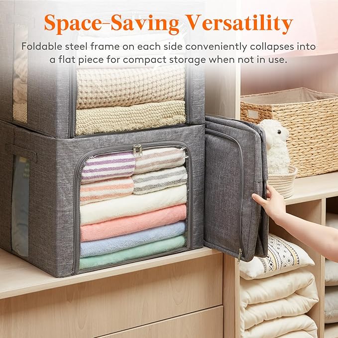Lifewit Clothes Storage Bins with Metal Frame, Stackable Storage Box, Foldable Clothing Storage Bins with Lids, 100L Storage 