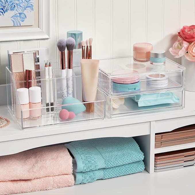 STORi Chloe Stackable Makeup Holder & Drawer Organizer Set, Clear, BPA-Free Plastic, Made in USA, Organize Brushes, Cosmetics