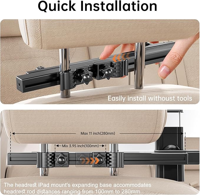 Headrest Tablet Holder for Car Accessories, Crafted from aircraft-grade aluminum，Universal Car Tablet Mount with 22'' Extendsion Arm Car Seat Mount for iPad, Galaxy, Fire HD or 4.7-12.9” Tablets