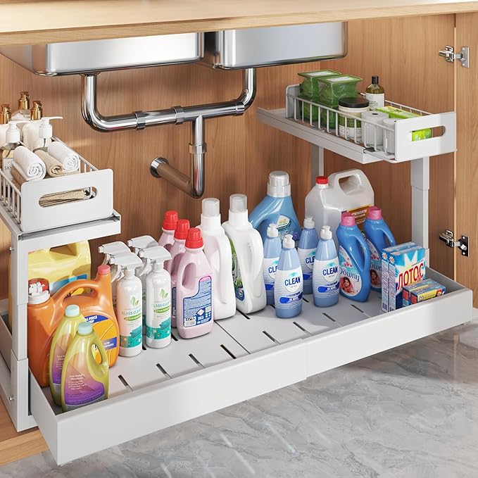 1 Pack-19"-32"W Expandable Under Sink Organizer With Upgrade Ball-Bearing Slide,2-Tier Pull Out Under Cabinet Organizer Heigh