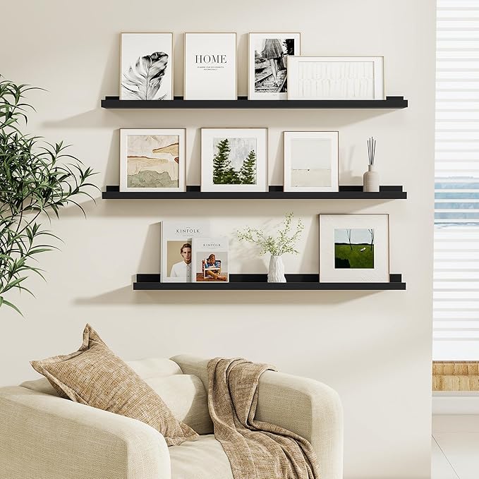 Fun Memories Picture Ledge Shelf, Black Floating Shelves Set of 4, 24 Inch Picture Shelves for Wall with Ledge, Large Nursery