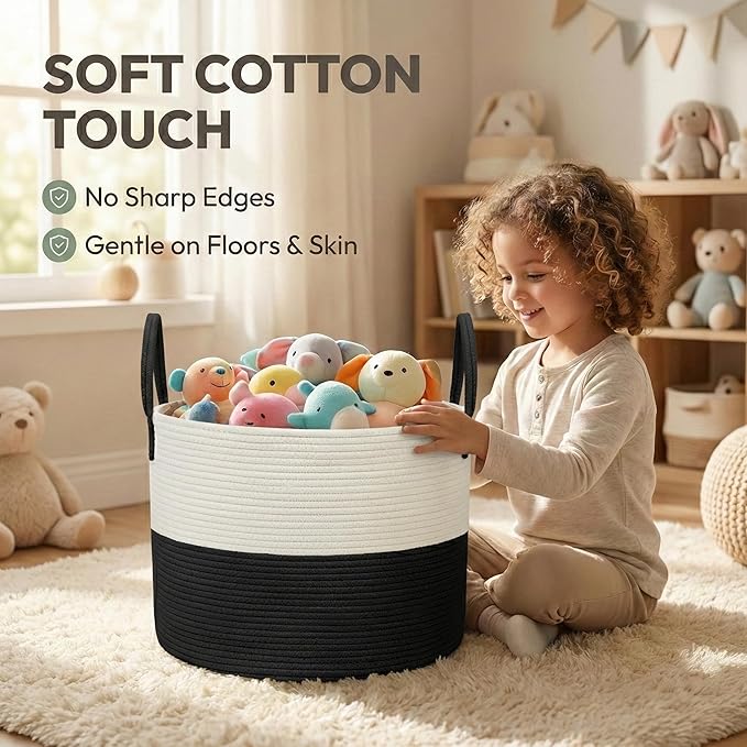 JMvicyroam 115L Extra Large Blanket Basket for Living Room - Woven Cotton Rope Laundry Hamper with Reinforced Handles - Stora