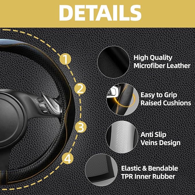 NBTEPEM Microfiber Steering Wheel Cover and Waterproof Car Floor Mats, Universal Fit Most Truck, SUV, Cars, 14.5-15inch Sporty Steering Wheel Covers with Anti-Slip Lining (Black with Beige line)