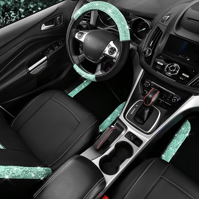 CAR PASS Universal Mint Leather Lace Car Seat Covers Full Set for Women Girls, Waterproof Car Floor Mats Carpet, Glitter Stee