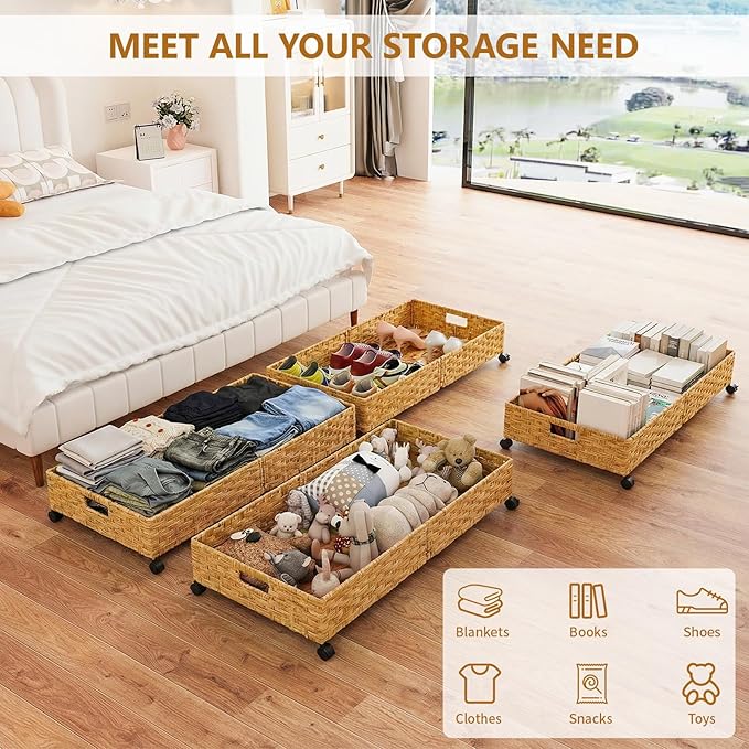 Under Bed Storage Containers with Wheels, 31.5” Large Handwoven Rattan Rolling UnderBed Storage Bins, Tool-free Assembly Natu