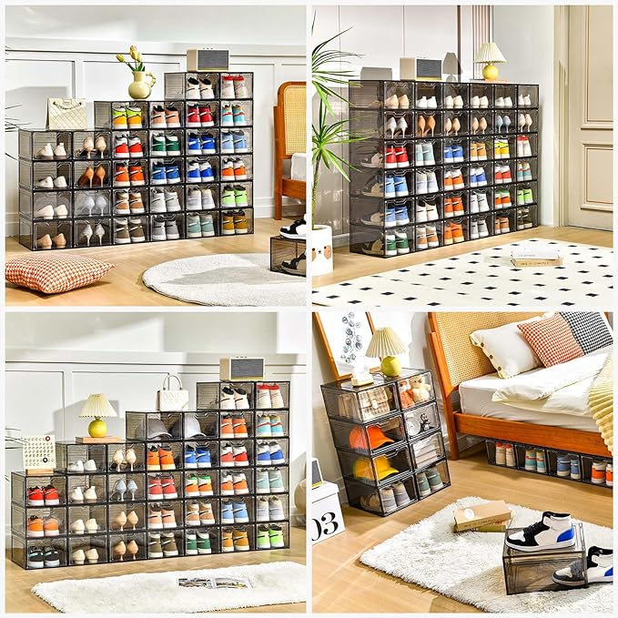 12 Pack Shoe Boxes Shoes Organizer, Shoe Storage Organizer Boxes with Magnetic Door, Clear Shoe Organizers Sneaker Storage Sh