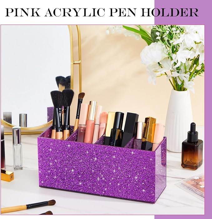 Jetec Acrylic Glitter Pen Holder 4 Compartments Bling Makeup Brush Stationery Organizer Pencil Holder for Desk Accessories Sp